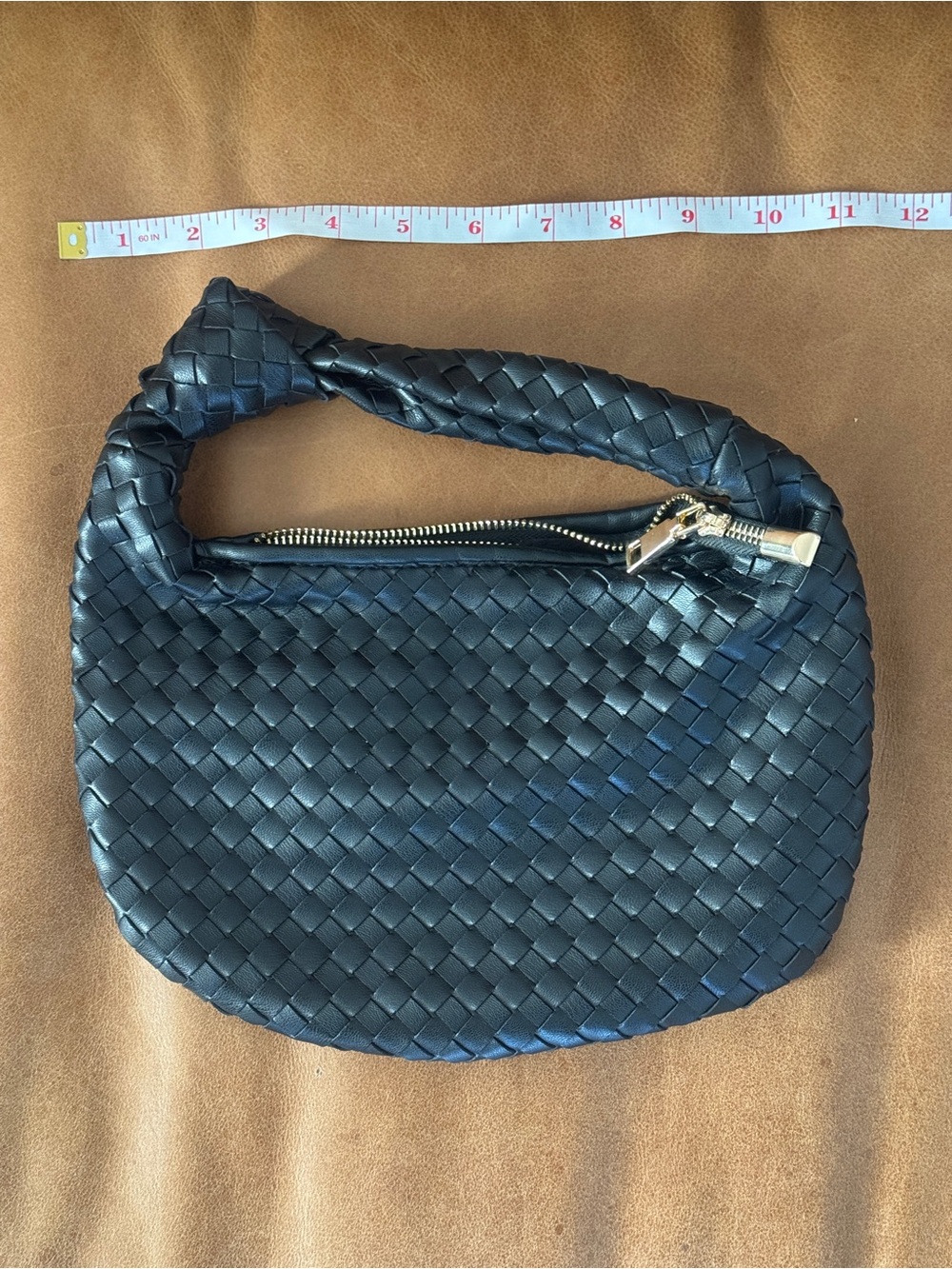 Anthropologie Black Woven Shoulder Bag with Gold Zipper